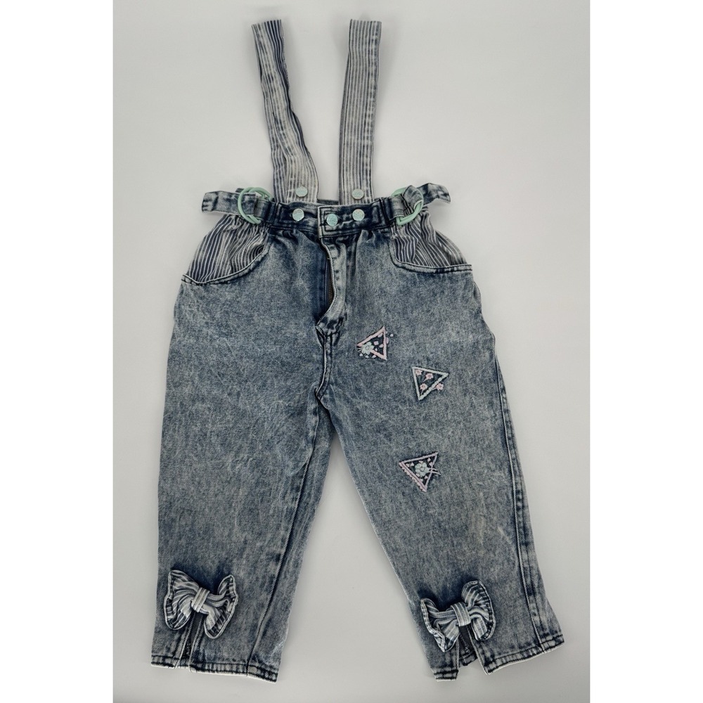 80sVintage Denim Overalls Kids 3T Acid Wash Happy‎ Kids Embroidered Bows Cuffs